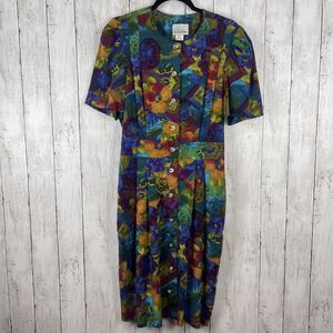 Vintage Via Sant Andrea Dress Women 14 Petite Multicolor Floral Artsy Retro 80s